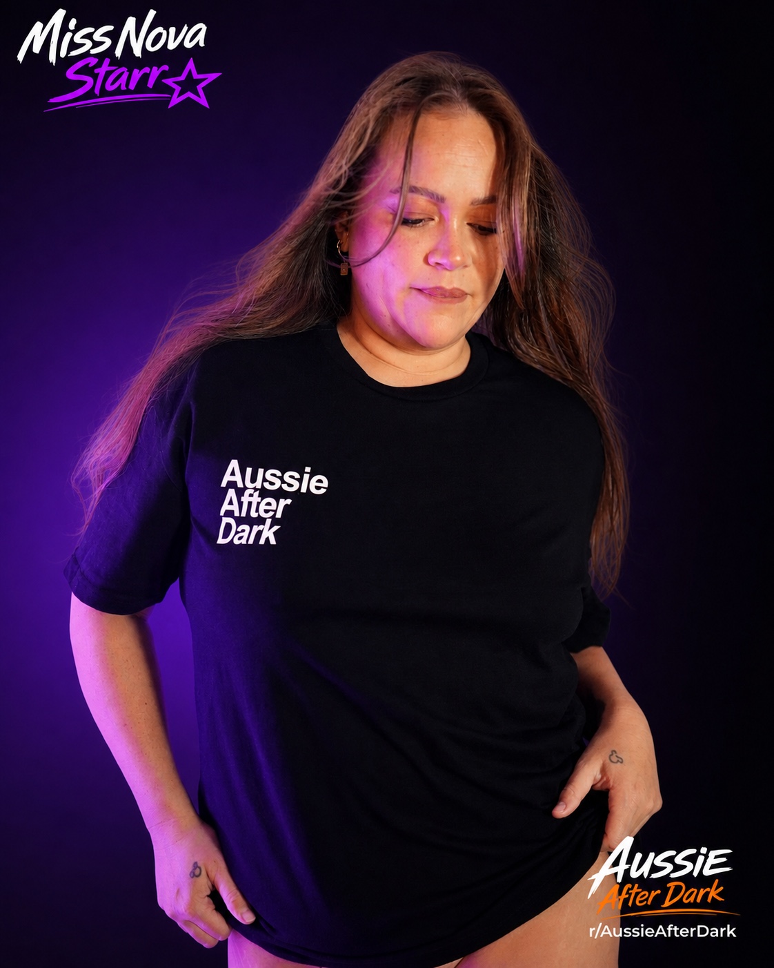 Miss Nova Starr wearing an Aussie After Dark shirt